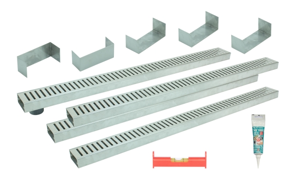 Entwässerungsrinnen Edelstahl superflach Rost Schlitzdesign SET Typ 4, System 35/80